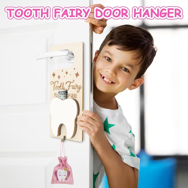 AINBIN Tooth Fairy Tooth Holder, Tooth Fairy Door Hanger with Money Slot, Keepsake Bottle & Burlap Pouch for Lost Teeth, Encourage Gift for Boys Girls, Pink - Image 2